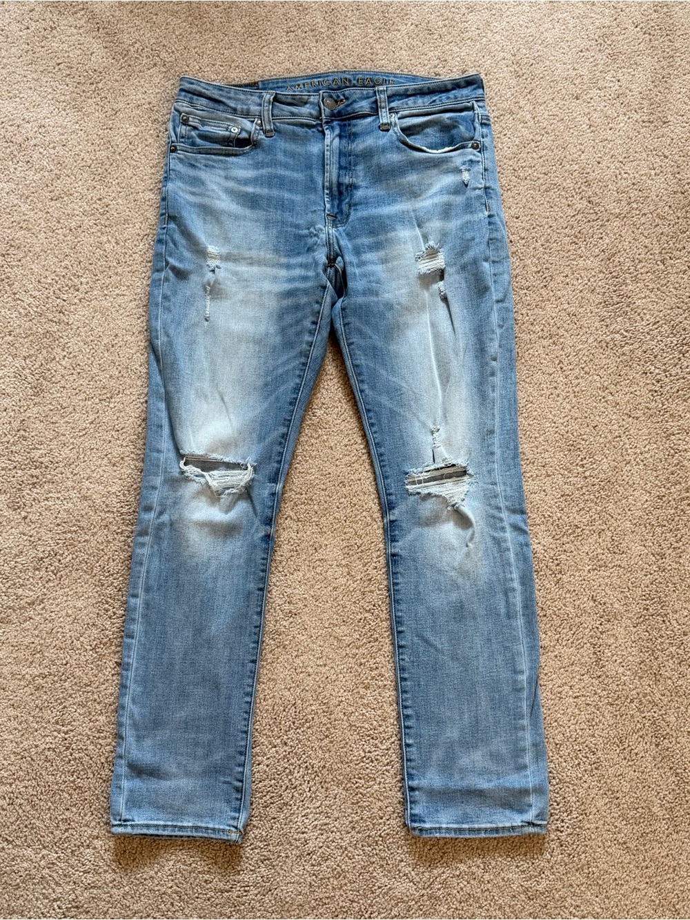 American Eagle Men’s Light Blue Distressed Ripped Slim Jeans Size 34x32